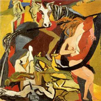 A semi-abstract painting featuring a chaotic composition of entangled figures lying or writhing on the ground in distress, a pair embracing on the right, and the twisted body of a horse that appears to carry a large curved knife in its mouth.