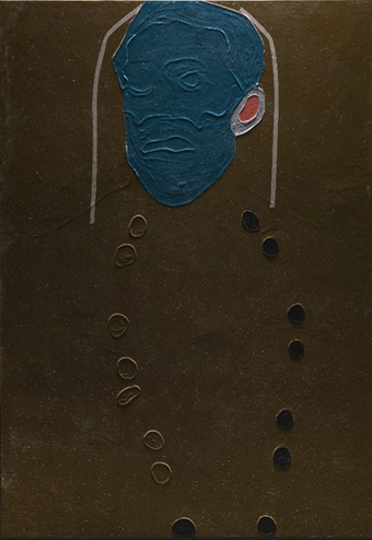 A photograph of The Generals showing the deep outlines of the buttons, the ear, and the soft ridges in the blue paint that describe the facial features. 