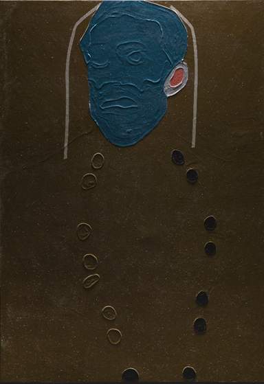 A photograph of The Generals showing the deep outlines of the buttons, the ear, and the soft ridges in the blue paint that describe the facial features.