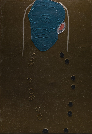A photograph of The Generals showing the deep outlines of the buttons, the ear, and the soft ridges in the blue paint that describe the facial features.