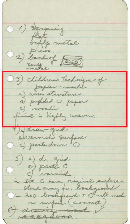 A piece of paper featuring handwritten notes on the characteristics of papier mâché.