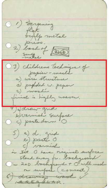 A piece of paper featuring handwritten notes on the characteristics of papier mâché.