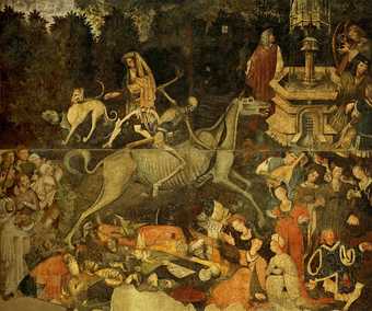 A wall-painting depicting a human skeleton riding a horse skeleton in a tree-lined landscape, surrounded by figures lying on the ground, praying, playing instruments and conversing.