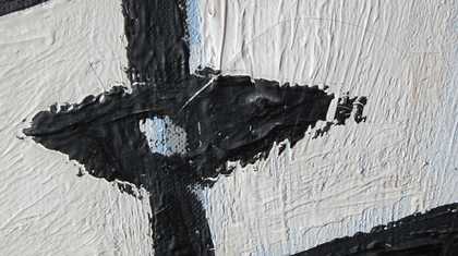 Detail showing the diamond shape around the wrists of the clasped hands at the centre of the painting, with grey priming visible