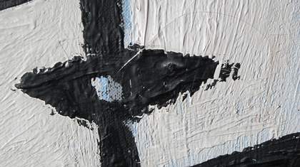 Detail showing the diamond shape around the wrists of the clasped hands at the centre of the painting, with grey priming visible