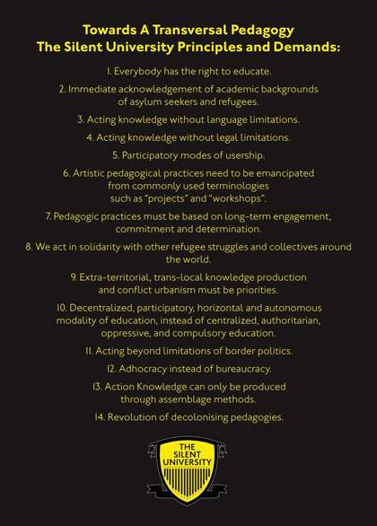 Fig.10 Ahmet Ögüt, ‘Towards a Transversal Pedagogy: The Silent University Principles and Demands’, statement published on the website of The Silent University, established 2012