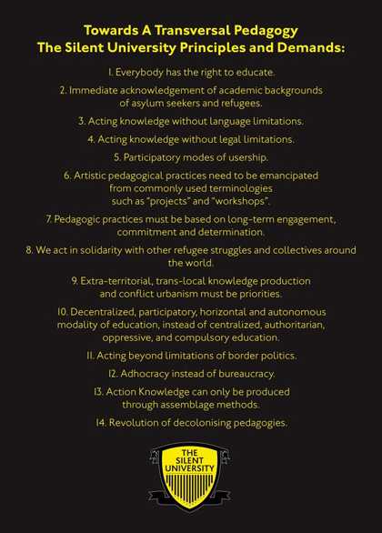 Fig.10 Ahmet Ögüt, ‘Towards a Transversal Pedagogy: The Silent University Principles and Demands’, statement published on the website of The Silent University, established 2012