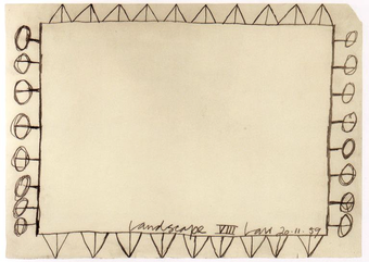 A roughly drawn rectangle on white paper with triangles and circles on sticks, to signify walls and trees around a field.