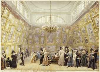 A light watercolour painting of a large airy room with a chandelier, the walls of which are covered with mostly unidentifiable artworks. Most of the room is crowded with figures in dark suits and top hats or dresses in a variety of colours.
