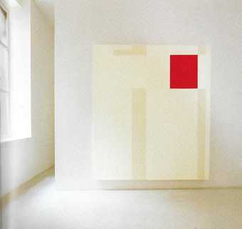 A large mostly white painting with a red rectangle in the upper right-hand corner and vertical beige lines.