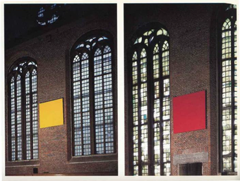 Two photographs of rectangular paintings, yellow in one and red in the other, hanging in a church between two tall windows.