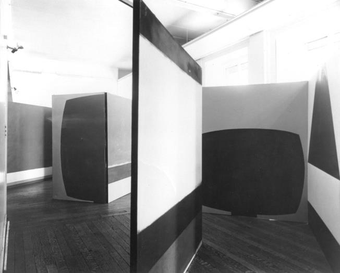 An installation photograph of large abstract paintings standing at right angles to one another, creating a maze-like effect.
