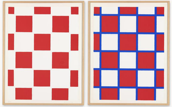 Two prints by Palermo with a red and white checkerboard pattern. the right-hand print has blue lines separating the squares.