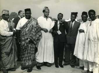 Fig.2 Photograph taken on the occasion of Nigeria joining the United Nations, showing Ben Enwonwu (centre right) with a Nigerian delegation that includes politicians J.M. Johnson (centre left) and Festus Okotie Eboh (third from left), United Nations Gener