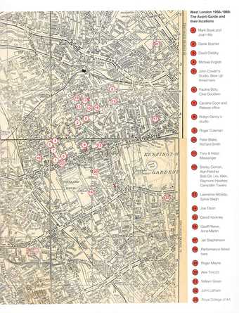 A map of West London, with a key showing which artists and curators lived where at the time.