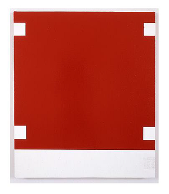 A painting consisting of a large red area with a white square at each corner and a white stripe at the bottom.