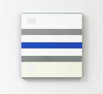 A white painting with horizontal stripes in the order grey, blue, grey – and a grey rectangle in the top left-hand corner.