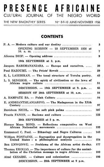 Fig.7 Contents page of the special issue of Présence Africaine featuring the proceedings of the First International Conference of Negro Writers and Artists, Paris 1956