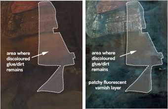 Two diagrams showing dark discoloured paint on the artwork