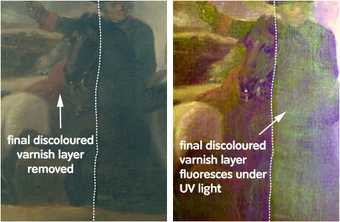 Two diagrams showing the removal of the last layer of varnish from the painting