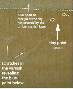 A diagram showing, in detail, scratches on the varnish of the painting