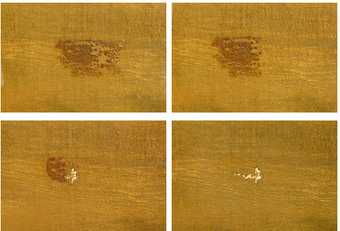 Four images showing the removal of a brown smudge of overpaint on a mustard background to reveal damage to the painting