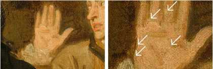Diagram of a painted hand from the painting showing areas of unpainted canvas