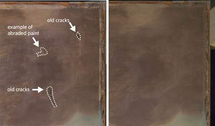A diagram showing the cracked canvas and then the smooth canvas after inpainting