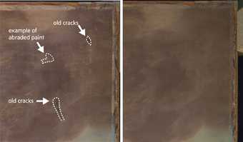 A diagram showing the cracked canvas and then the smooth canvas after inpainting