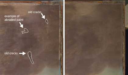 A diagram showing the cracked canvas and then the smooth canvas after inpainting
