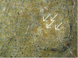 A detail of a patch of brown discoloured varnish on the painting