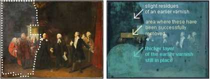 Two diagrams showing the painting under ultraviolet light, different shades of blue show the different layers of varnish