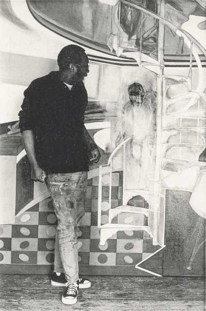 Frank Bowling with his work Mirror 1964–6 at Lupus Street, London, c1964 - Courtesy Frank Bowling Archive