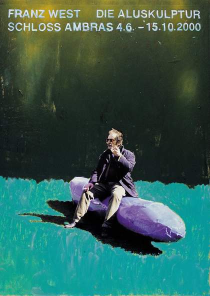 Poster design with franz West sat on a sculpture