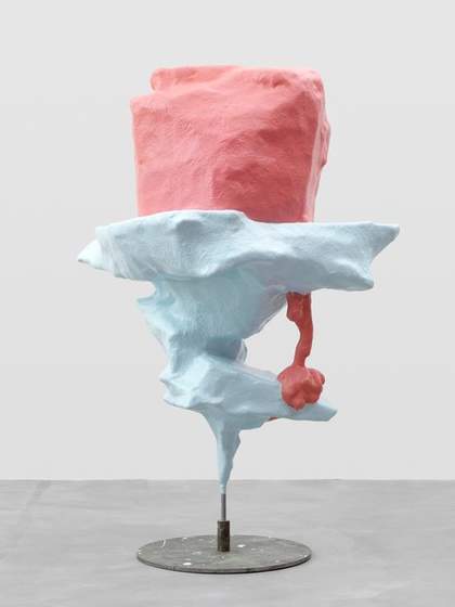 Coral and light blue sculpture in a iceberg shape