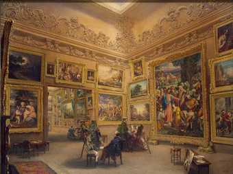 The National Gallery at Mrs J J Angersteins House Pall Mall prior to May 1834 painting of a gallery with pictures stacked wall to wall with figures in old dress gazing at the pictures 