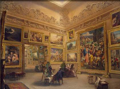 The National Gallery at Mrs J J Angersteins House Pall Mall prior to May 1834 painting of a gallery with pictures stacked wall to wall with figures in old dress gazing at the pictures