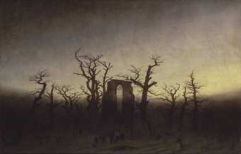 A painting in which the wall of a ruined abbey stands in a dark graveyard surrounded by twisting dead trees.