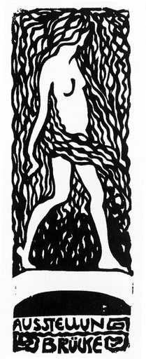 Fritz Bleyl Nude Girl Walking 1906 black and white woodcut of a girl walking with her long hair covering her wait and filling the rest of the frame 