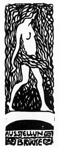 Fritz Bleyl Nude Girl Walking 1906 black and white woodcut of a girl walking with her long hair covering her wait and filling the rest of the frame 