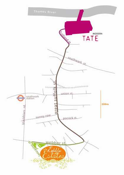 Fritz Haeg Edible Estates 2007 illustrated map of the Edible Estates in relation to Tate Modern