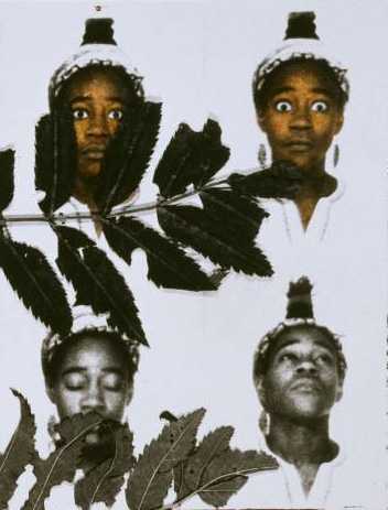 Detail showing the repeated woaman's face in Sonia Boyce's artwork From Tarzan to Rambo