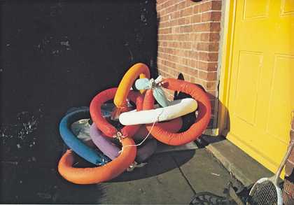 Terry Frost’s soft sculptures outside his house in Banbury, c1970-72