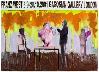 Collage poster showing Franz West and some abstract sculptures in pink. 
