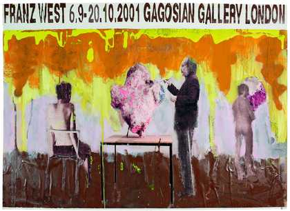 Collage poster showing Franz West and some abstract sculptures in pink.
