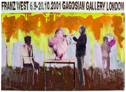 Collage poster showing Franz West and some abstract sculptures in pink. 