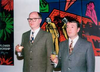 Gilbert and George after receiving the Turner Prize, 1986