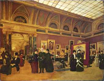 Giuseppe Gabrielli The National Gallery 1886 painting of the interior of a gallery filled with visitors in old dress 