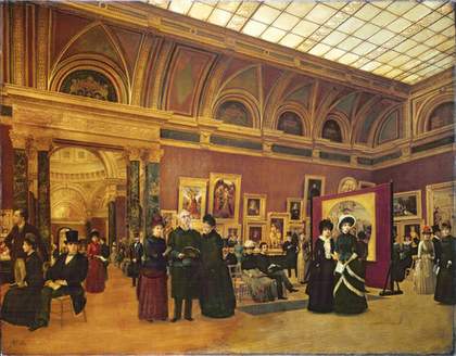 Giuseppe Gabrielli The National Gallery 1886 painting of the interior of a gallery filled with visitors in old dress