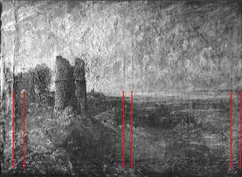 Raking light photograph of Sketch for Hadleigh Castle. Red lines help locate original stretcher bar marks
